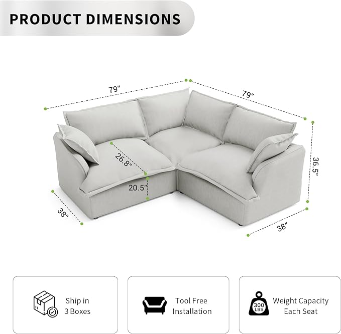 Cloud Sectional Sofa, V Shape Convertible Modular Couches, Down Fill Sectional Sofa,Detachable Couch Cushion Covers, 3 Seater Corner Sofa for Living Room,Grey
