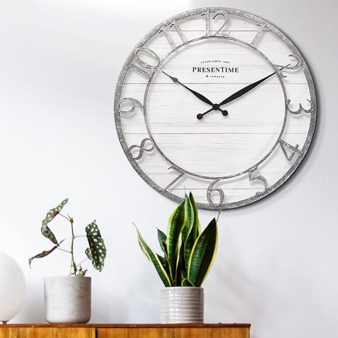 Presentime & Co 21" Farmhouse Series Wall Clock, Shiplap Style, Raised 3D Arabic Numeral, Galvanized Finish. Wall Décor for Living Room, Dining Room, and Entryway.
