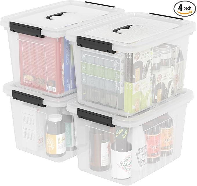 Readsky 18 Quart Plastic Latching Bin with Lids and Handle, Clear Plastic Storage Tote, 4 Packs