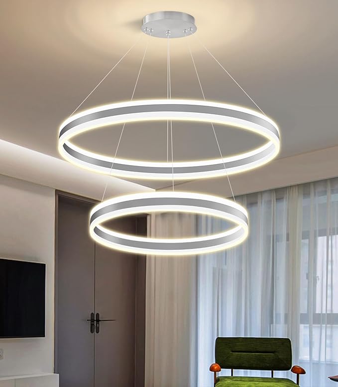 D23.6''+31.5'' Modern Ring Chandelier for Dining Room LED Dimmable Pendant Lighting High Ceiling Chandelier for Living Room Foyer Bedroom Entryway 3000K-6000K Silver