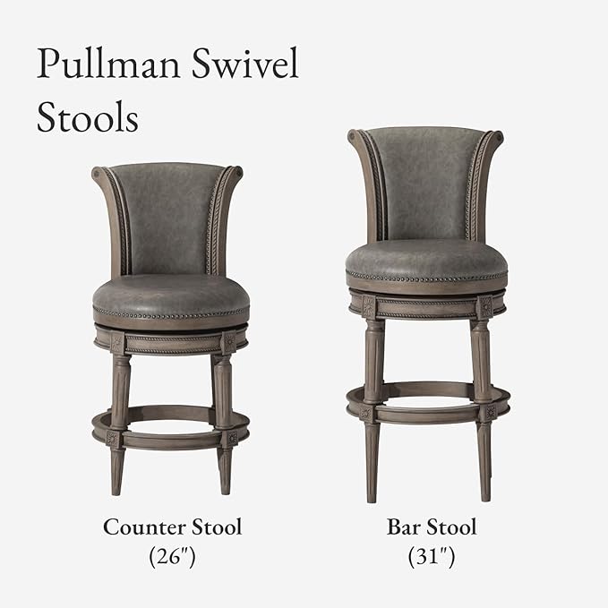 Maven Lane Pullman Counter Stool 26 Inches – Set of 4 – Swivel Stools with Footrest – Grey Solid Wood Frame & Grey Faux Leather Upholstery – Perfect for Kitchen Islands & Counters