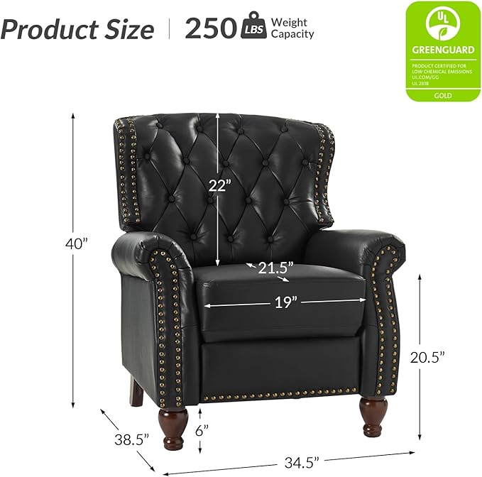 HULALA HOME Genuine Leather Recliner Chair Set of 2 w/Solid Wood Feet, Modern Adjustable Tufted Push Back Arm Chair w/Rivet Decoration, Home Theater Seating Reclining Sofa for Living Room, Black