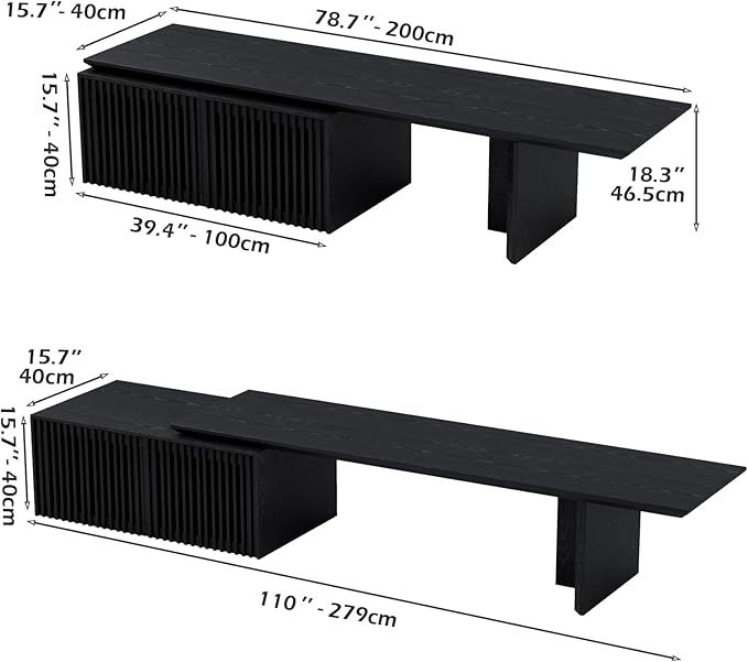 Modern TV Stand, Entertainment Center with Storage, Extendable TV Media Console for Up to 55+ Inch, Minimalist Television Cabinet for Living Room/Bedroom - Black (78.7"-110" Extendable)