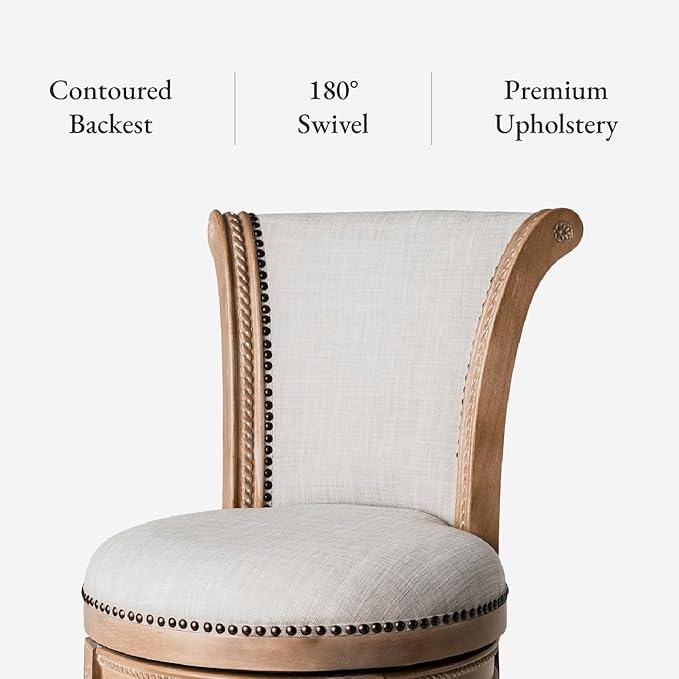 Maven Lane Pullman Counter Stool 26 Inches – Set of 4 – Swivel Stools with Footrest – Light Brown Solid Wood Frame & Natural Fabric Upholstery – Perfect for Kitchen Islands & Counters