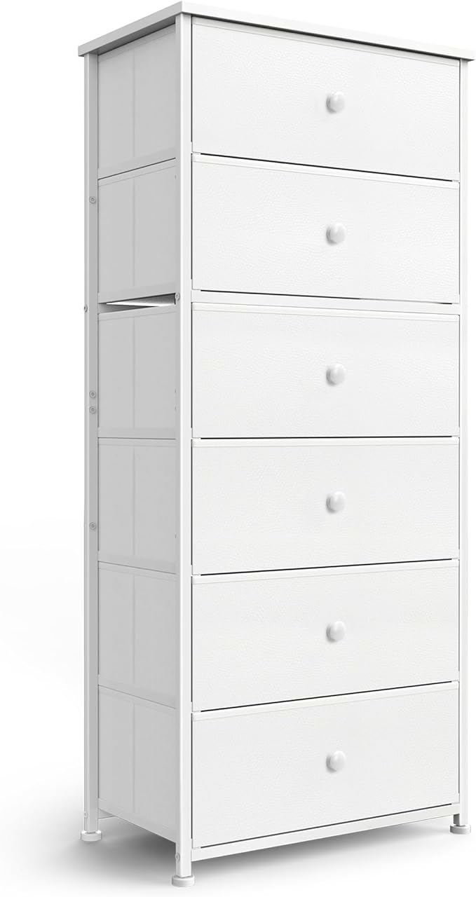 Tall Fabric Dresser for Bedroom, Vertical Storage Organizer Tower with 6 Drawers, Chest of Drawers with Bins, Steel Frame, Wood Top for Bedroom, Closet, Entryway White