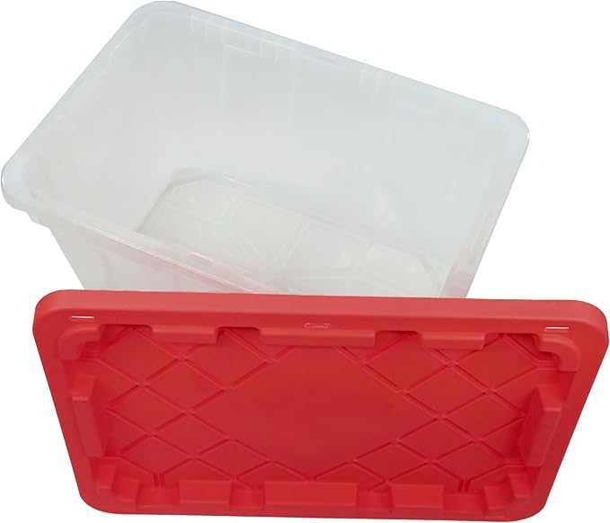 CX BLACK & YELLOW, XTRA TALL 27-Gallon Heavy Duty Clear Storage Container & Snap-Tight Lid, Clear & Red (28.5"L x 19.4"W x 15.2"H), Weather-Resistant, Stackable, See-Through Organization Tote