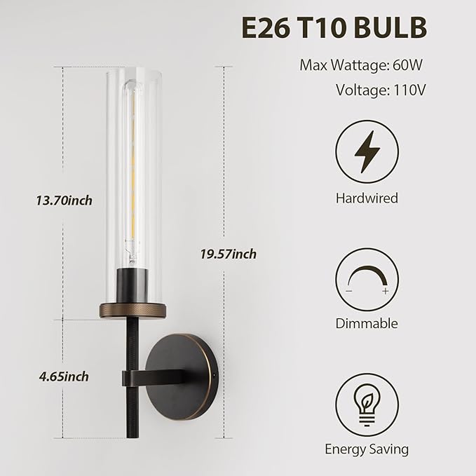 19.5" Knurled Brass Wall Sconce with Clear Glass Tube, Black Gold Bathroom Vanity Light Fixtures, Modern Lamp Lighting for Bedroom, Living Room, Hallway, Staircase, Mirror, Kitchen