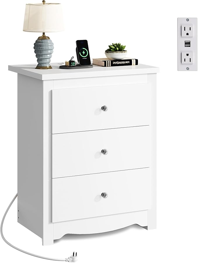 WLIVE Tall Nightstand with Charging Station, Wood Nightstand with 3 Drawers, White Side Tables Bedroom, Dorm, End Table with 2 USB Ports and 2 AC Outlets, Bedside Table