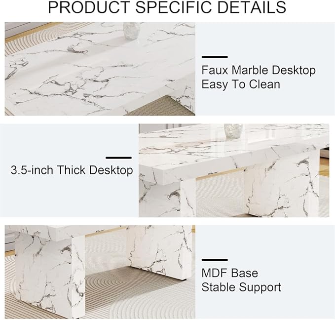 79'' Dining Table Set for 6, Dining Room Table Set for 6, 3.5'' Thick Faux Marble Table Top, MDF Table Legs, PU Ergonomic Dining Chair, for Dining Room