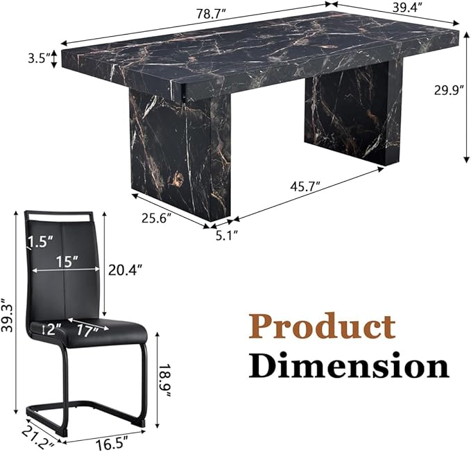 Faux Marble Dining Table Set for 6 (79 Inches Oversized Dining Room Table Set) (3.5'' Thick TOP)('H' Sturdy Base) Kitchen Table and PU Ergonomic Dining Chair 6 for Dining Room Living Room,Black