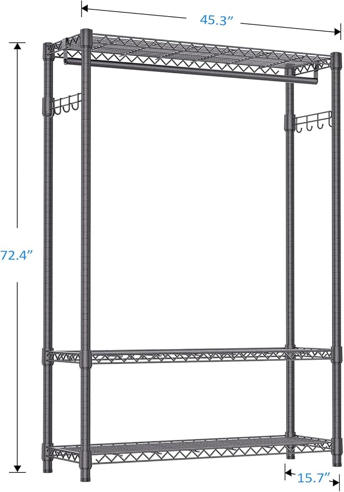 IZEUK 3 Tier Heavy Duty Garment Rack Wire Clothes Rack for Hanging Clothes, Metal Freestanding Closet Wardrobe Rack with 1 Rod and Side Hooks Dark Grey 15.7" D x 45.3" W x 72.4" H