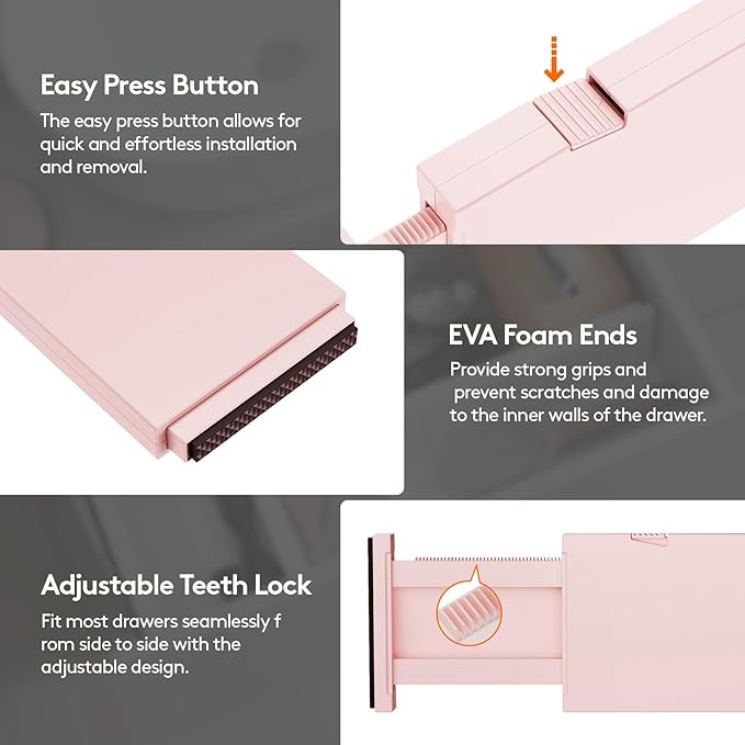 Lifewit 14 Pack Drawer Dividers 4" High, 11-17" Adjustable Drawer Organizers for Clothes, Expandable Dresser Separators in Bedroom/Bathroom/Kitchen/Fridge/Office Organization and Storage, Pink