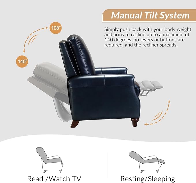 HULALA HOME Genuine Leather Recliner Chair, Classic Push Back Recliner Armchair with Thick Seat and Backrest (Navy)