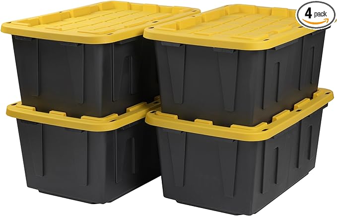 CX BLACK & YELLOW, 27-Gallon Heavy Duty Tough Storage Container & Snap-Tight Lid, (14.3"H x 20.6"W x 30.6"D), Weather-Resistant Design and Stackable Organization Tote [4 Pack]