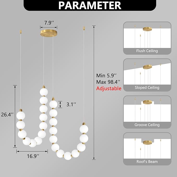 Modern Chandeliers LED Dimmable Light Acrylic Balls Ceiling Pendant Lighting for Dining Room Living Room Bedroom Adjustable Hanging Lights 45 Watts Gold Lamp