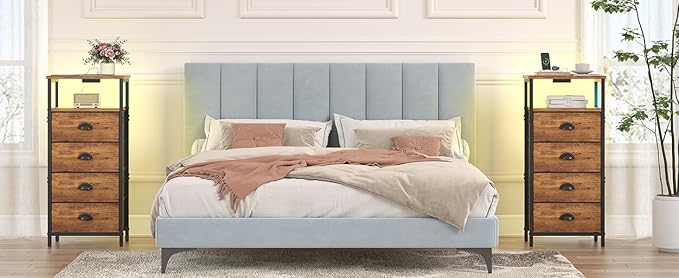 Nightstand with Charging Station,LED Nightstand with 4 Fabric Drawers, Bedside End Tables, 2-Tier Open Storage Shelf Side Table Nightstand with Drawers for Bedroom,Rustic Brown