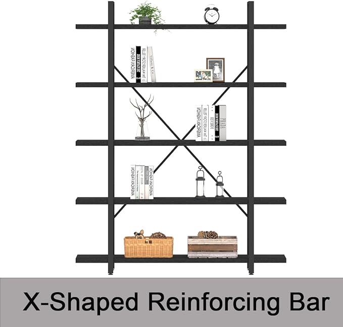 HSH 5 Tier Tall Black Bookshelf, Wood and Metal Storage Book Rack, Industrial Modern Etagere 5 Shelf Bookcase, Large Wide Open Display Book Shelf for Bedroom Living Room Office, Bookshelves Heavy Duty