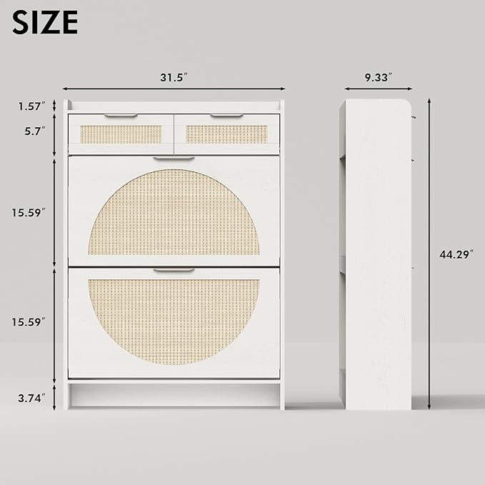 Rattan Shoe Storage Cabinet with 2 Flip Drawers & 2 Drawers, Freestanding Organizer for Front Door Entrance, Hidden Narrow Shoe Rack Cabinet Storage for Entryway, Antique White