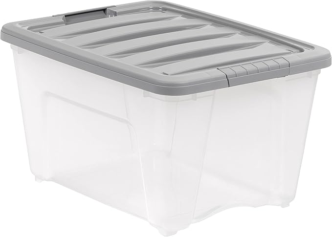 Amazon Basics Plastic Storage Containers with Secure Latching Lids, Stackable Organization Bins, 32 Quart, Set of 6, Clear/Grey