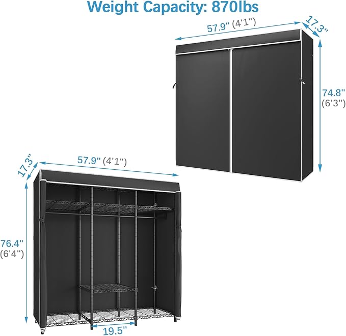 VIPEK V30C Coverd Clothes Rack, Heavy Duty Clothing Rack with Oxford Fabric Cover, Portable Closet with Adjustable Shelves & Hang Rods, Freestanding Wardrobe Metal Closet Rack for Hanging Clothes