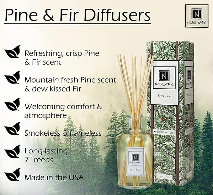Nabila K Fir & Pine Reed Diffuser Set – Evergreen Aromatic Oil for Home – Long-Lasting, Smokeless Scent – Made in USA – Includes Reeds + Bottle – Flameless Candle Alternative