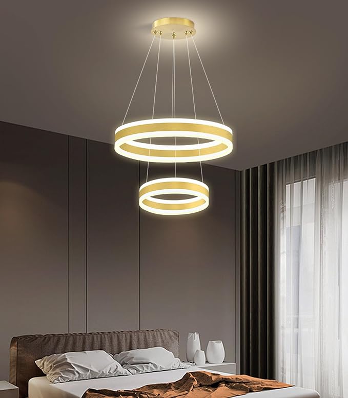 D7.8''+15.7'' Modern Ring Chandelier for Dining Room LED Dimmable Pendant Lighting for Living Room Foyer Bedroom Entryway 3000K-6000K Gold