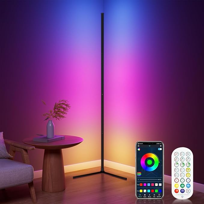 RGB Corner Floor Lamp, Bluetooth APP and Remote Control Music Sync LED Modern Floor Lamp for Living Room, Light Timing, 398 Dimmable Modes, 64.5" RGB Color Changing Mood Lighting