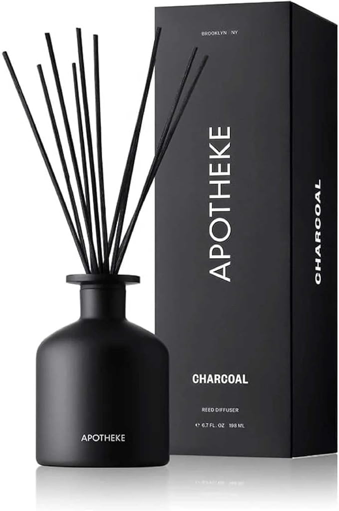 Apotheke Luxury Scented Reed Diffuser for Home, Charcoal - 6.7 Fl Oz Essential Oil Aromatherapy - 10 Rattan Scent Sticks Room Diffuser - Long-Lasting Fragrance for Bedroom, Home, Bathroom
