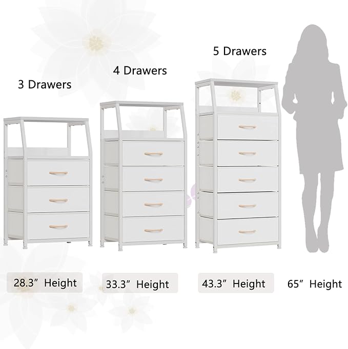 Furnulem Tall 4 Drawers Dresser, Vertical Storage Tower for Bedroom, Hallway, Entryway, Nursery, Closet Organizer, Nightstand Bedside Table Furniture, Sturdy Steel Frame, Wood Top, White