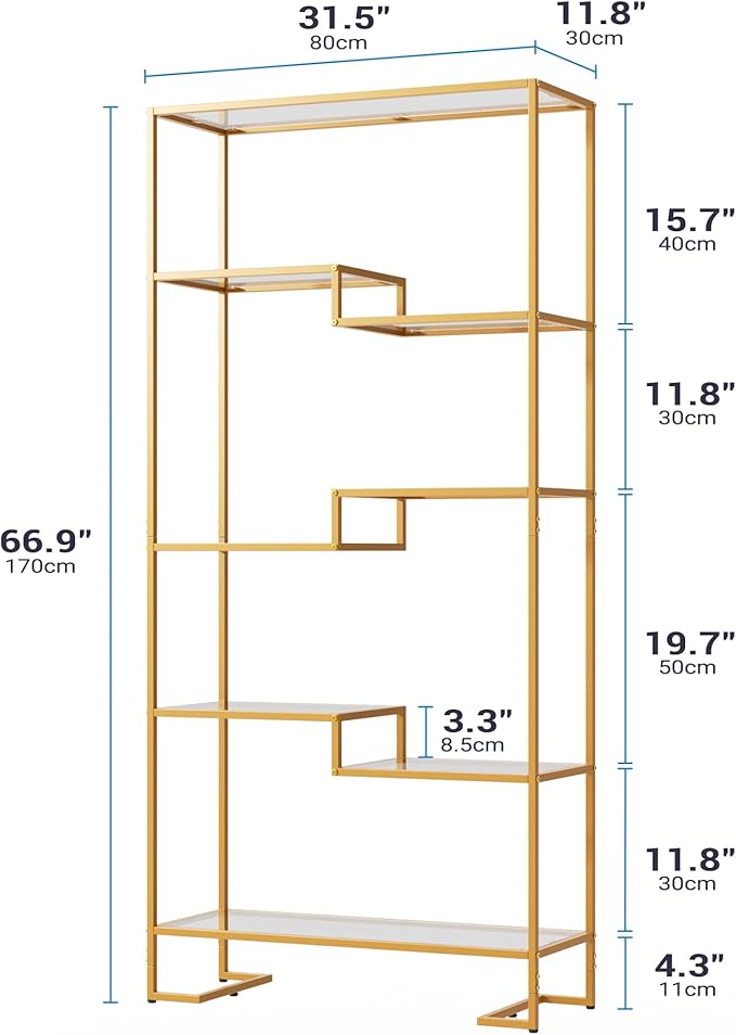 5-Tier Bookshelf, Tempered Glass Display Shelf, Modern Open Shelf Bookshelf, Tall Storage Open Bookcase for Living Room, Home Office, Bedroom, Golden