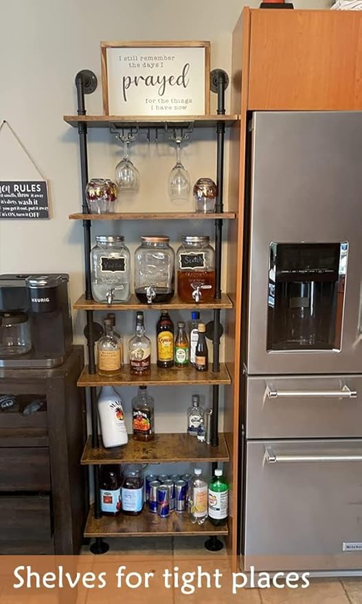 ZIOTHUM 6-Tier Industrial Pipe Shelves Shelf Shelving Rustic Wood Metal Wrought Iron Ladder Bookcase Bookshelf Wall Mounted Mount DIY Loft Vintage Floating Hanging Storage Display (23.6x9.8x78.7”)