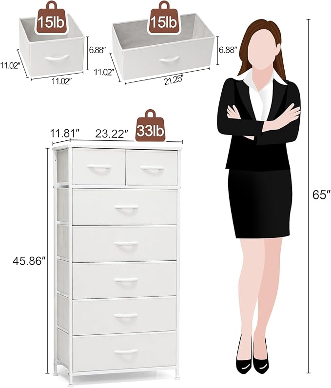 Crestlive Products Vertical Dresser Storage Tower - Sturdy Steel Frame, Wood Top, Easy Pull Fabric Bins, Handles - Organizer Unit for Bedroom, Hallway, Entryway, Closets - 7 Drawers (White)