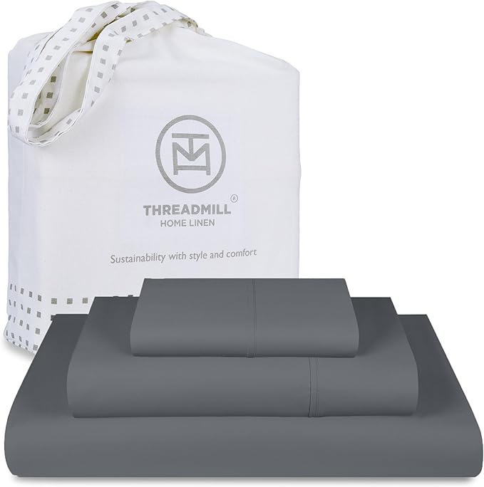 Threadmill 100% Cotton Sheets for Full Size Bed - 600 Thread Count Full Bed Sheets Set with 16” Deep Pocket - Sateen Weave 4-Piece Bedding Set with Cooling Effect, Dark Grey