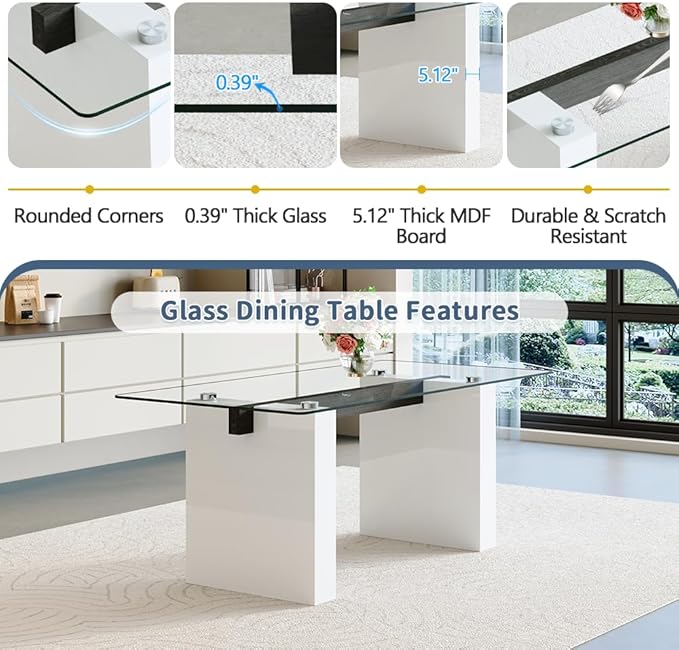 FURNITO Modern Dining Table Set for 6, Kitchen Table and Chairs for 6,71 in Glass Dining Table with 6 PU Leather Dining Chairs for Kitchen Dining Room（White Table+6 White Chair）