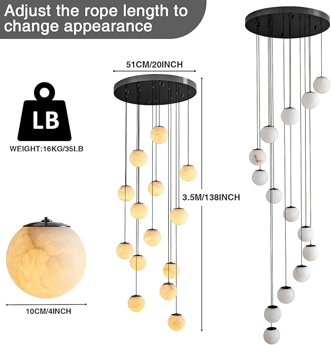 Black Alabaster Chandelier,14-Lights Staircase Chandelier for Entryway, Modern Marble Hanging Light Fixture, Hight Ceiling, Foyer, Living Room, Staircase, Entry