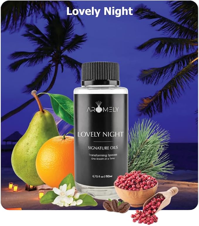 AROMELY Lovely NIGTH Diffuser Oil Scent - Essential Oils for Diffusers Aromatherapy - Sophisticated Aroma Blend of Sweet Orange Oil, Pink Pepper, Nerol - 150ml