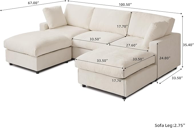 JACH U Shape Sectional Couches for Living Room, Convertible Modular Sofa with Ottomans, Cloud Sectional Couch, Sofa Covers Washable, Minimalist Couch for Living Room, Apartment, Beige