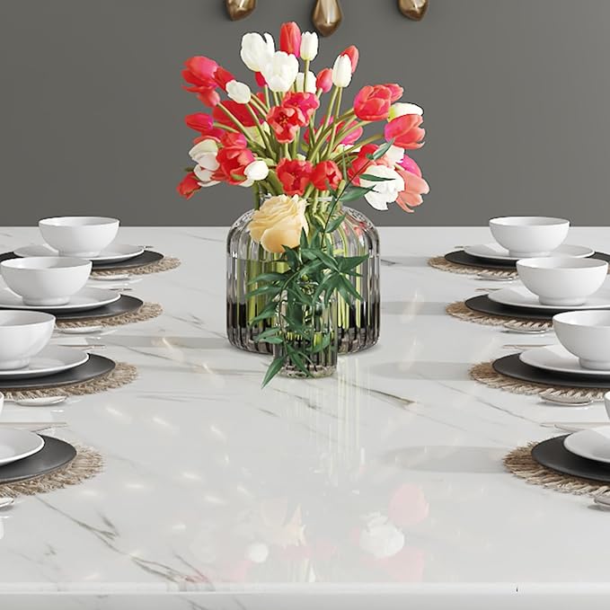 79'' Modern Dining Table Set for 10,White Kitchen Table Set,Luxury Dining Table Set with 1.8-inch Thick Faux Marble Table Top＆10 Pu Leather Upholstered Chairs Ideal for Dining kicken Room