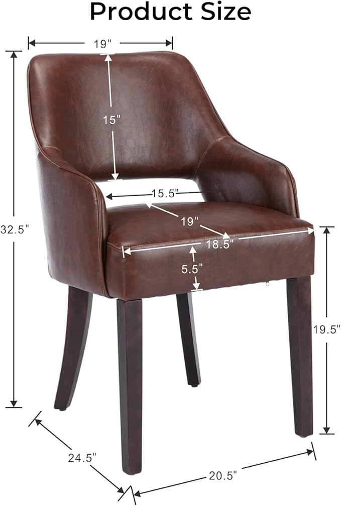 Modern Dining Chairs Set of 4 Upholstered Faux Leather Accent Side Chair with Mid Open Back & Wood Legs, Arm Chair for Home Kitchen and Restaurant, PU Brown