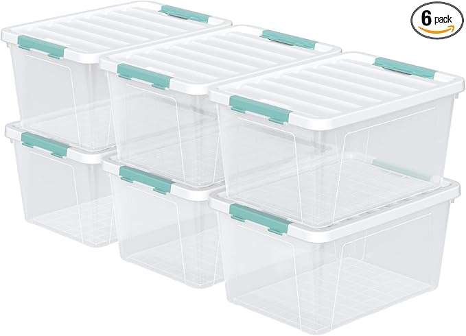 6-Pack 35 quart Large Plastic Storage Bin, Latching Box with Clear Base, White Lid and Green Latches