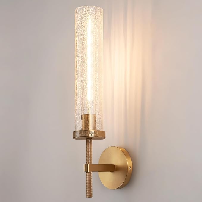 19.5" Knurled Brass Wall Sconce with Crackle Glass Tube, Gold Bathroom Vanity Light Fixtures, Modern Lamp Lighting for Bedroom, Living Room, Hallway, Staircase, Mirror, Kitchen