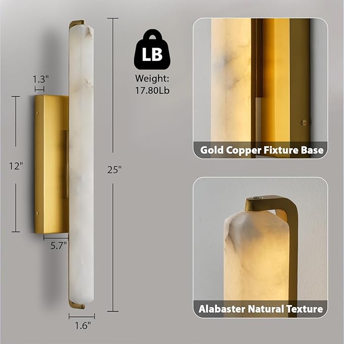 Alabaster Wall Sconces Set of Two, 25" Brass Alabaster Sconce, Spanish Natural Marble Wall Sconce Lamp Indoor, Rectangle Modern Sconces Lighting for Bathroom Living Room Bedroom Stairs Hallway