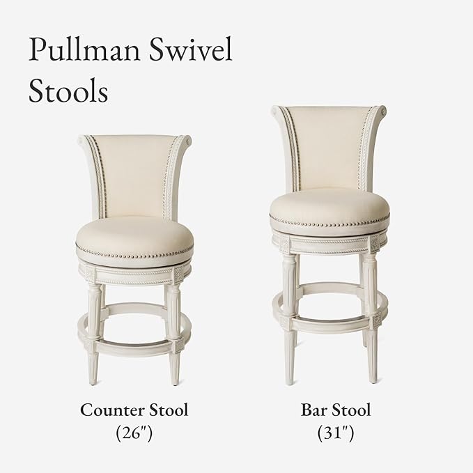 Maven Lane Pullman Counter Stool 26 Inches – Set of 3 – Swivel Stools with Footrest – Cream Solid Wood Frame & Natural Fabric Upholstery – Perfect for Kitchen Islands & Counters