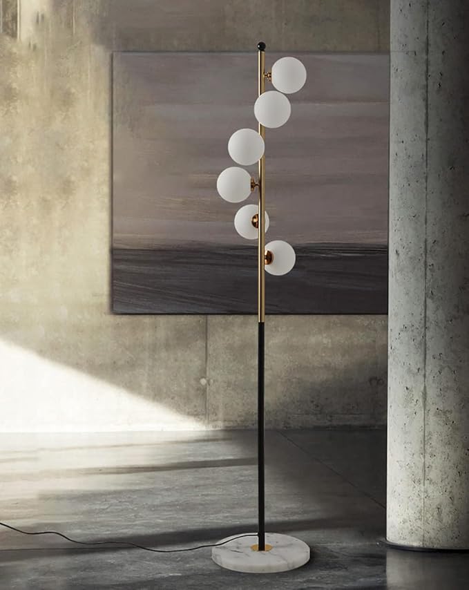 Modern Glass Globes Floor Lamp, 6 Lights Vertical Standing Lamps, Mid Century Floor Lamp, Elegant Floor Lamps with Stable Base for Living Room Bedroom Office