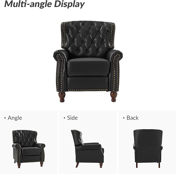 HULALA HOME Genuine Leather Recliner Chair Set of 2 w/Solid Wood Feet, Modern Adjustable Tufted Push Back Arm Chair w/Rivet Decoration, Home Theater Seating Reclining Sofa for Living Room, Black