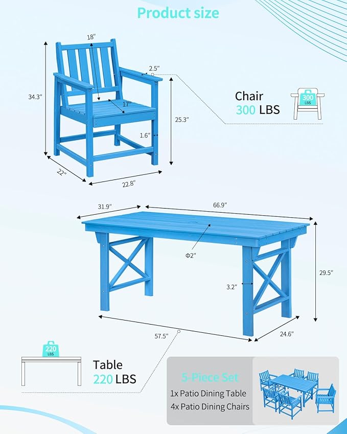 QUASCO 7-Piece Patio Dining Table Sets, Outdoor HDPE Dining Furniture Set Umbrella Hole Cut-Out Table and 6 Chairs for Backyard, Lawn, Deck and Poolside, Blue