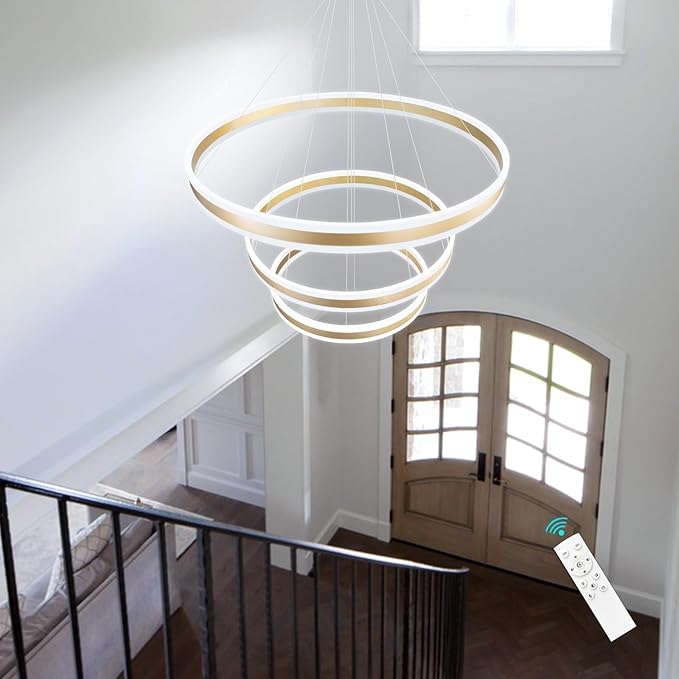 3-Rings Modern Chandelier for Dining Room Gold LED Dimmable Pendant Lightings for Kitchen Island Adjustable Height Flush Mount Ceiling Lighting for Living Room Foyer Hallways 3000K-6000K