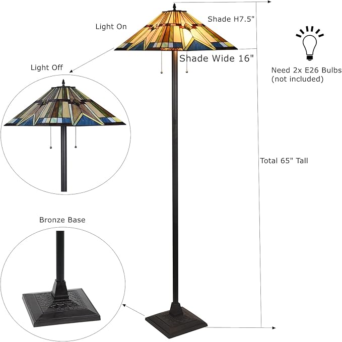 Tiffany Style Floor Lamp Vintage Stained Glass Shade 65” Tall Mission Floor Standing Reading Corner Light Fixture for Bedroom, Living Room, Office, Multi-Colored