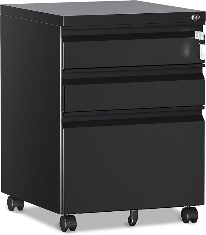 3 Drawer File Cabinet，Mobile Filing Cabinet with Lock and Wheels，Fully Assembled Metal Under Desk File Cabinets for A4/Letter/Legal Size（Black