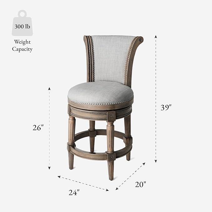 Maven Lane Pullman Counter Stool 26 Inches – Set of 3 – Swivel Stools with Footrest – Grey Solid Wood Frame & Grey Fabric Upholstery – Perfect for Kitchen Islands & Counters